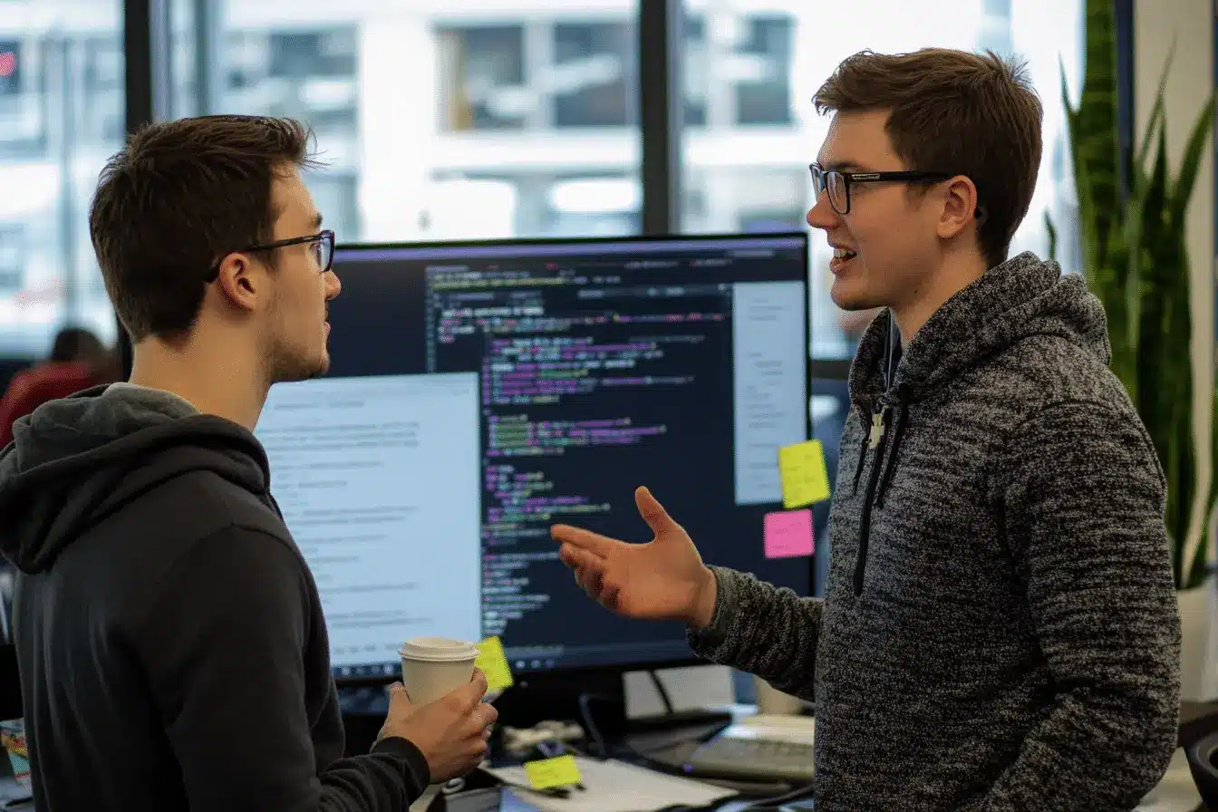 Dwóch programistów firmy creationX w trakcie dyskusji nad projektem przy stanowisku komputerowym