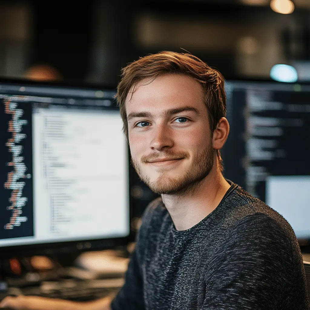 Uśmiechnięty programista z zespołu creationX przy dwóch monitorach z kodem