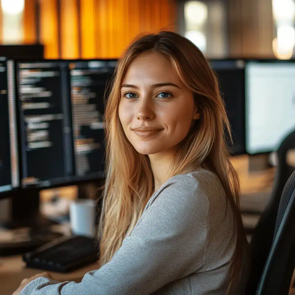 Programistka creationX pracująca w nowoczesnym biurze