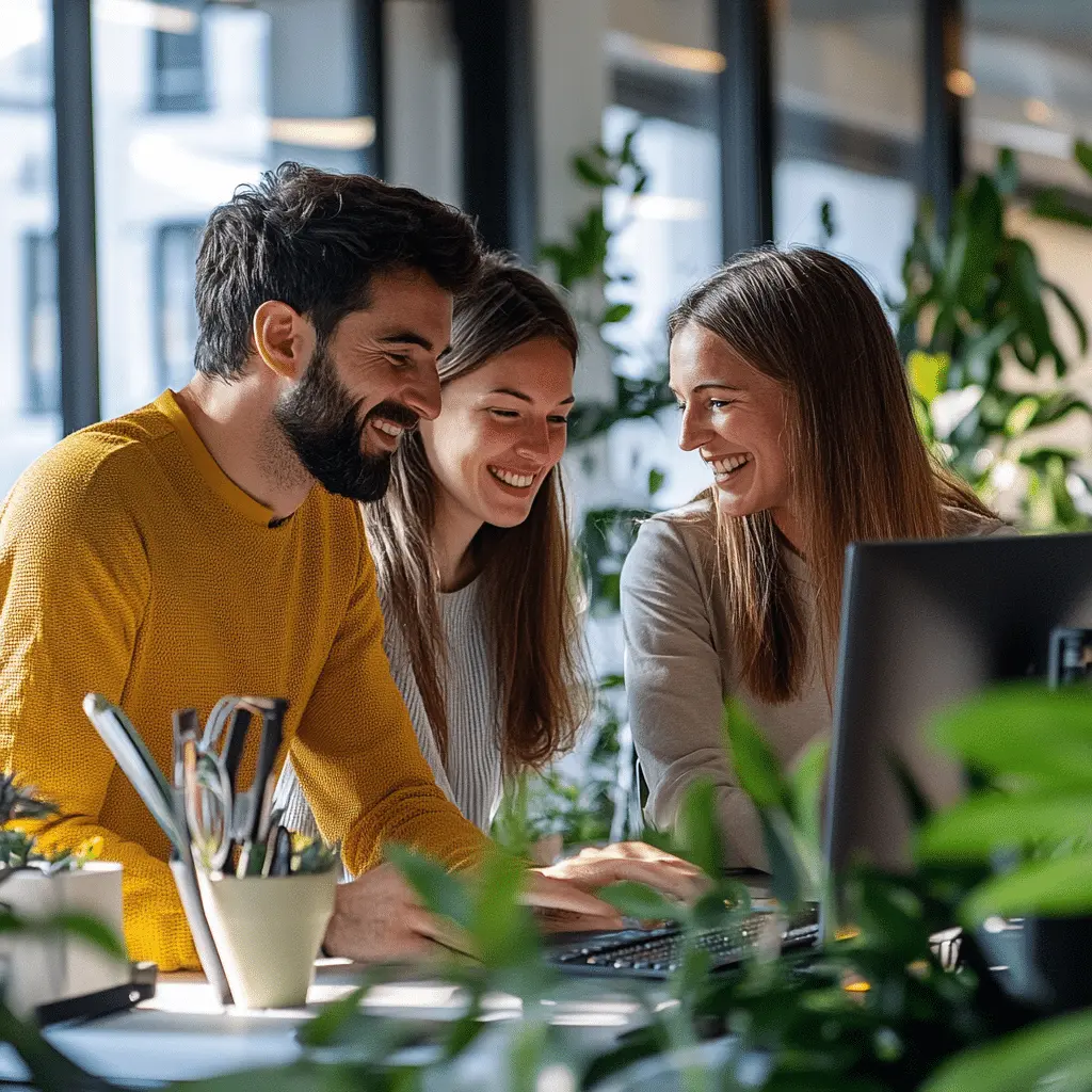 Trzy osoby z zespołu creationX współpracujące przy komputerze w jasnym biurze