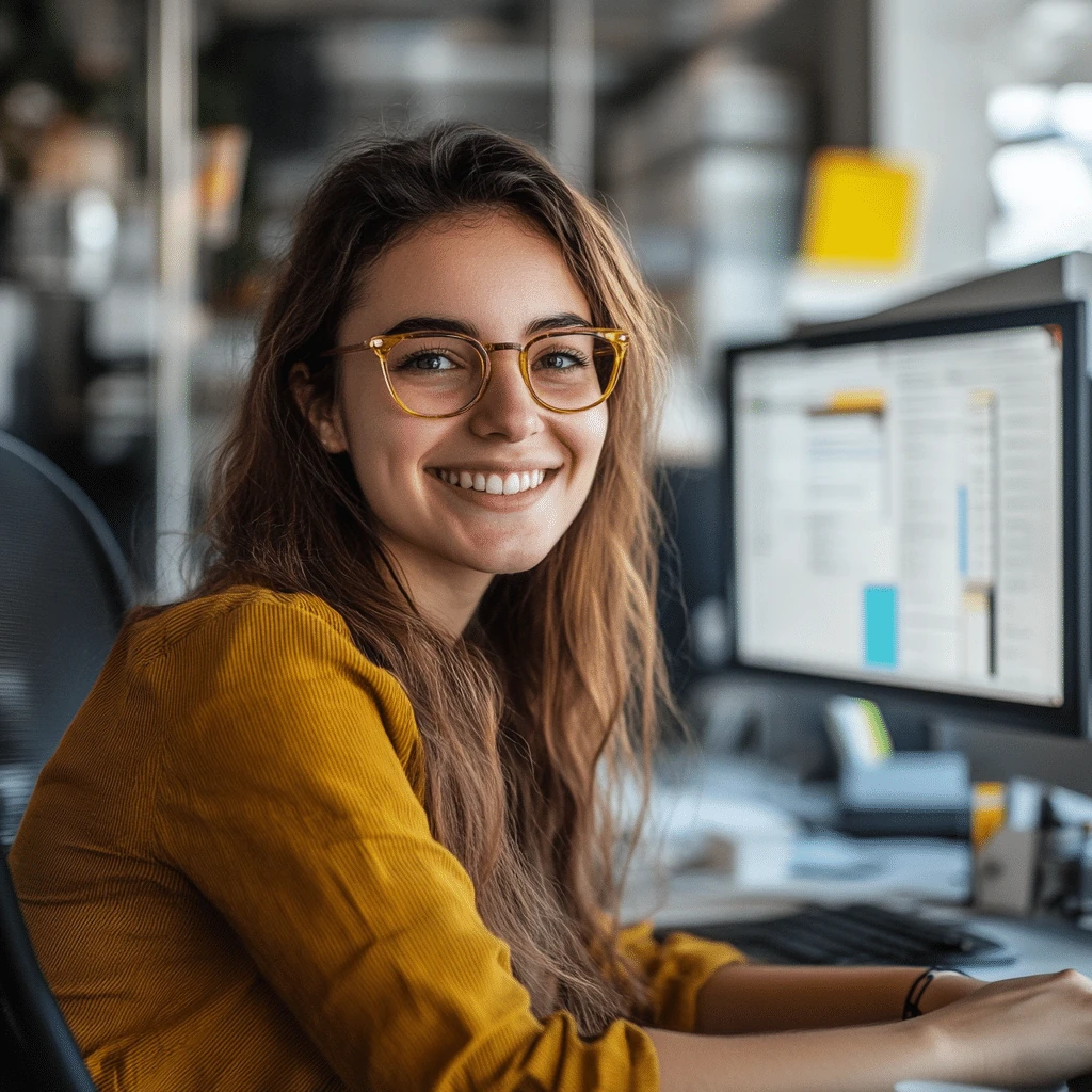 Szczęśliwa inżynier R&D - swobodna dziewczyna pracująca w biurze creationX