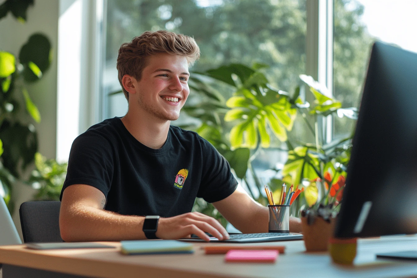 Młody mężczyzna siedzący przy nowoczesnym biurku z uśmiechem na twarzy