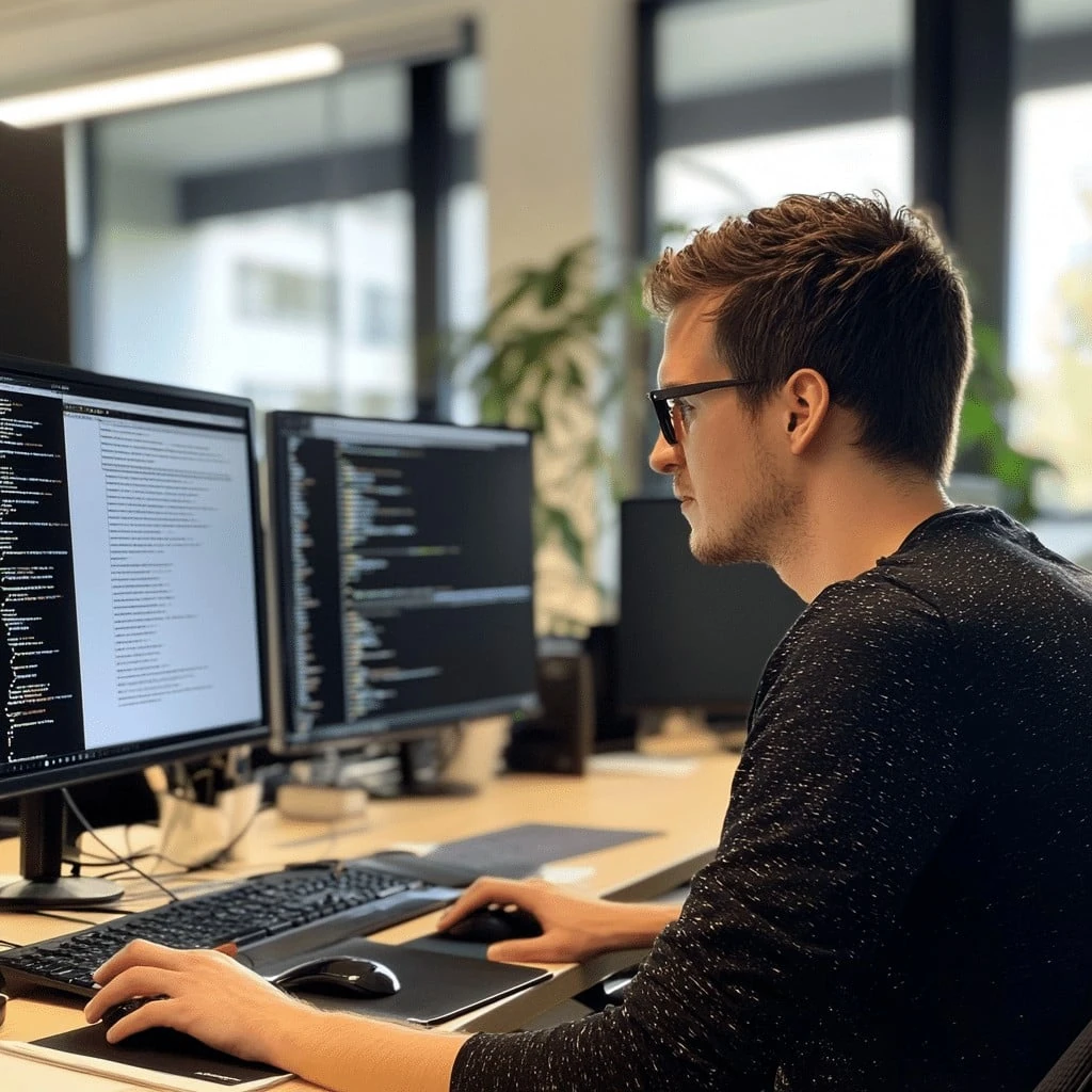 Programista z zespołu creationX pracujący przy komputerze nad projektami internetowymi