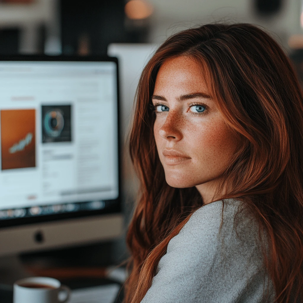 Programistka z długimi brązowymi włosami z zespołu creationX pracująca przy komputerze