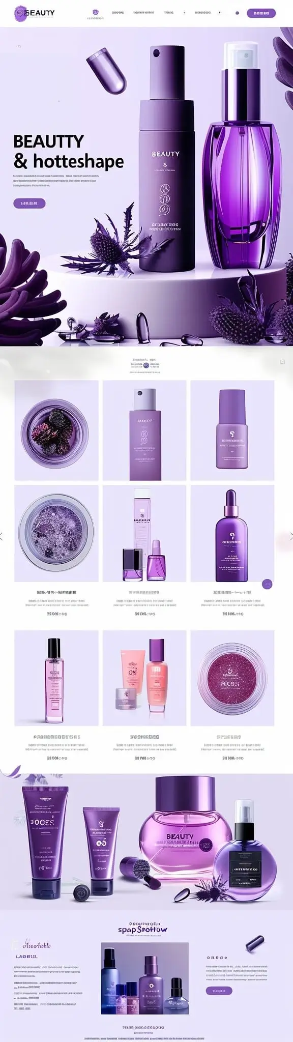 Mockup eleganckiego sklepu internetowego z kosmetykami i produktami beauty w stylu premium z fioletowymi akcentami