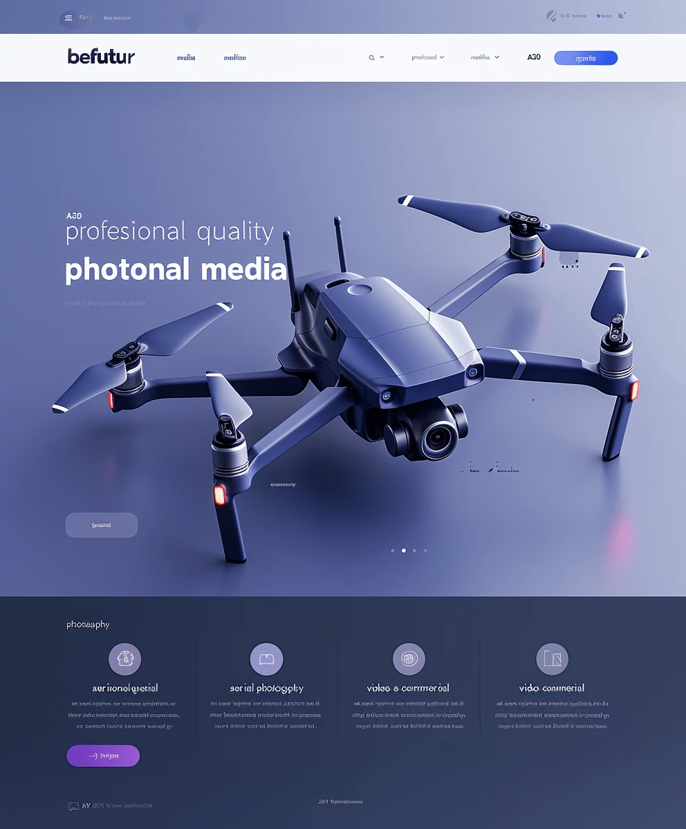 Mockup technologicznej strony professional media services Befutur z futurystycznym designem, dronem i high-tech prezentacją