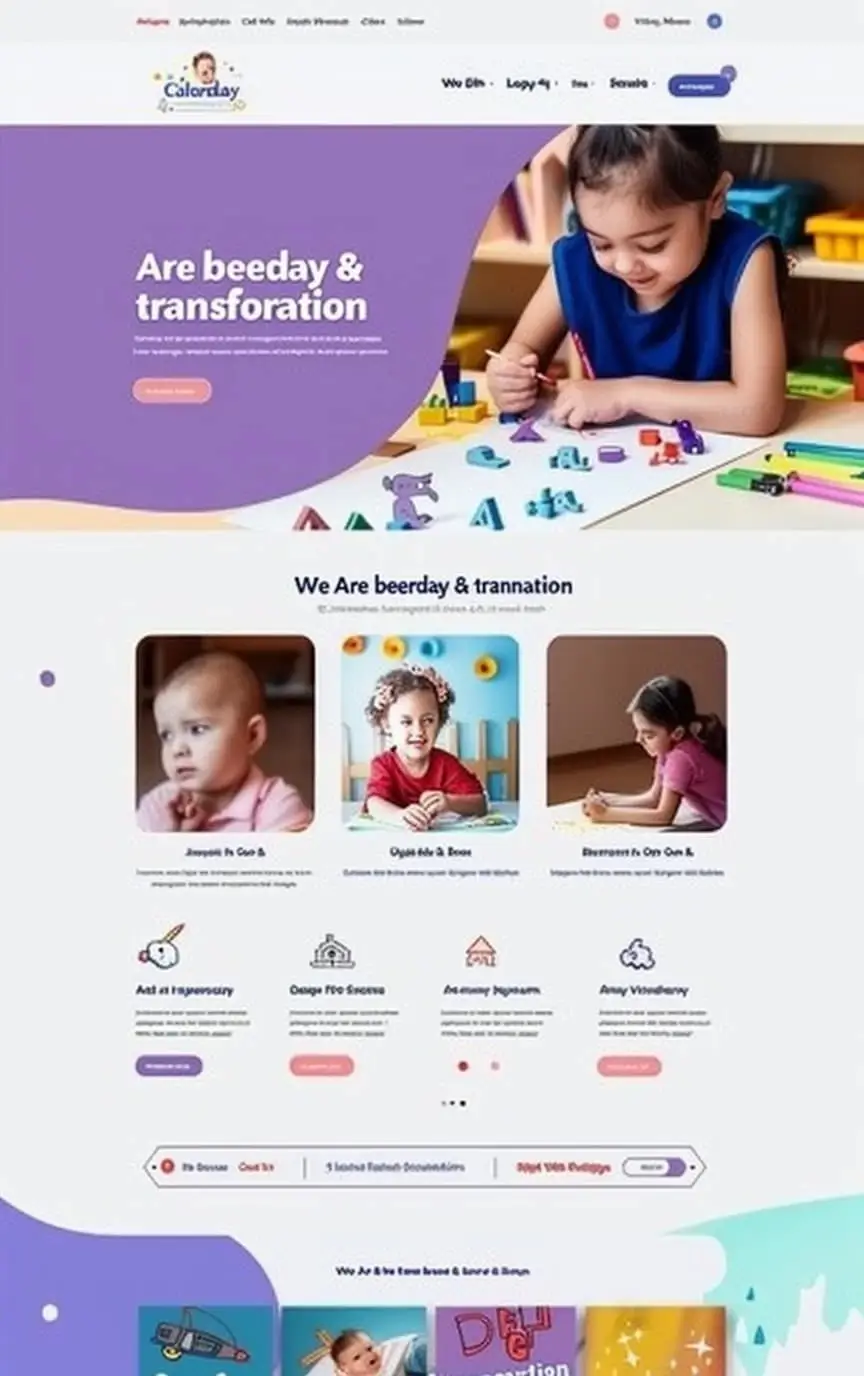 Mockup nowoczesnej platformy edukacji dziecięcej Calarday Educational z fioletowym designem, zdjęciami dzieci uczących się i profesjonalną prezentacją