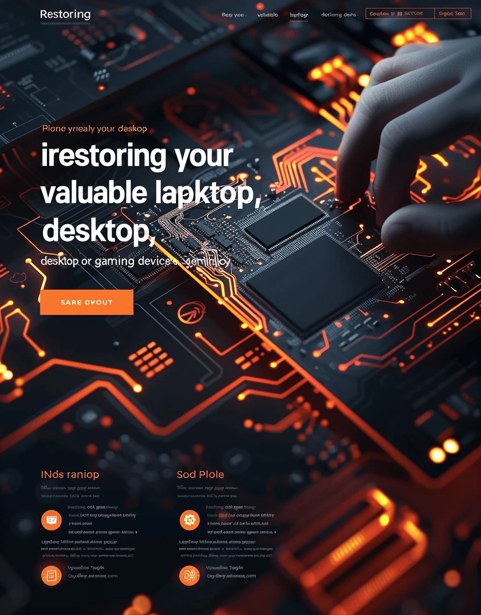 Mockup zaawansowanej strony napraw komputerowych Computer Repair Services z futurystycznym designem, płytą główną i technologicznymi elementami