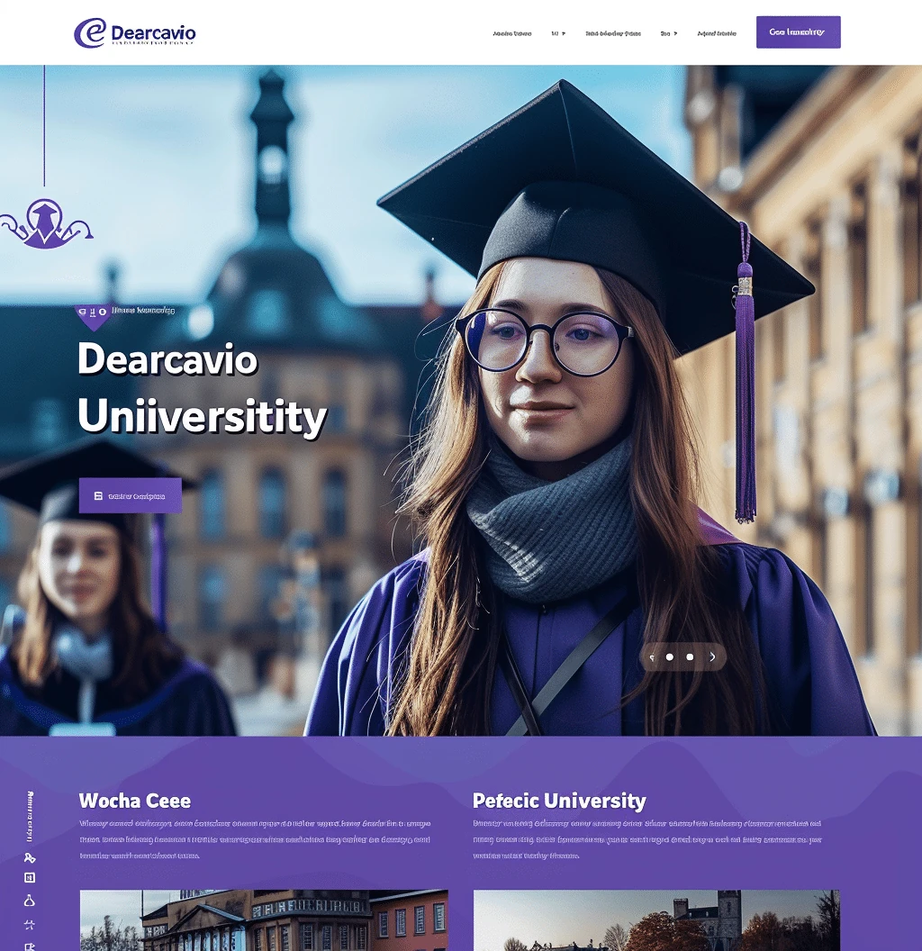 Mockup profesjonalnej strony university education Dearcavio University z absolwentką w todze, akademickim designem i higher education prezentacją
