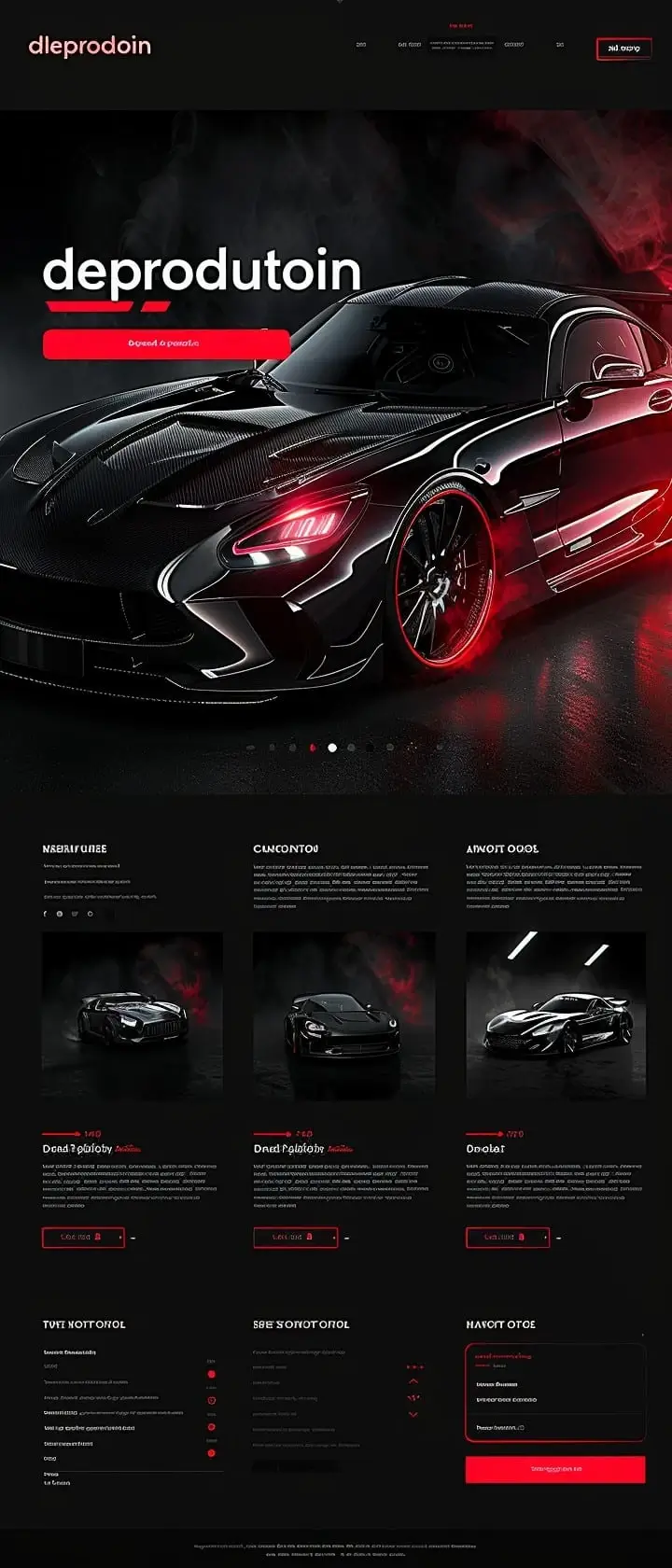 Mockup ekskluzywnej strony premium automotive Deprodutoin z luksusowym designem, eleganckim sportowym samochodem i prestiżową prezentacją