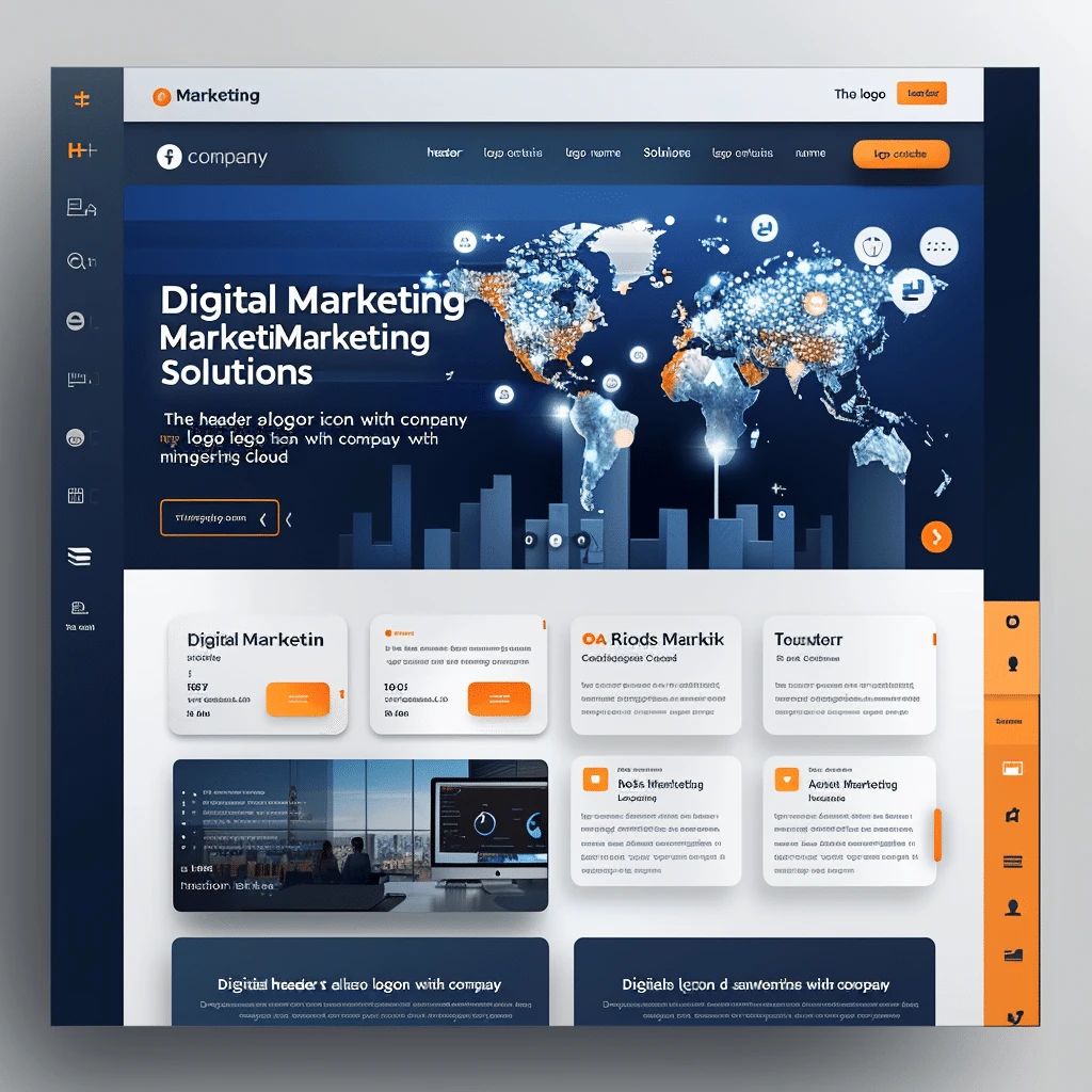 Mockup zaawansowanej platformy digital marketing z globalną mapą, dashboardem analitycznym i profesjonalnym designem w kolorach niebieskim i pomarańczowym