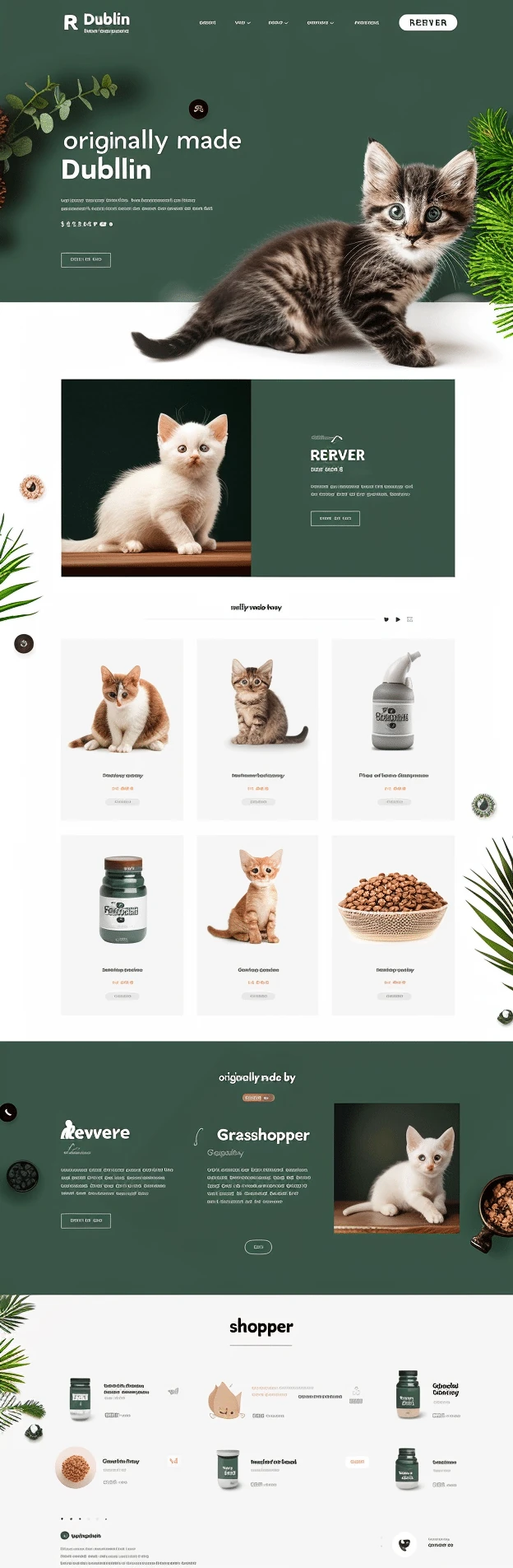 Mockup uroczej strony usług dla zwierząt Dublin Pet Services z pięknymi kotkami na zielonym tle i profesjonalną prezentacją opieki nad zwierzętami