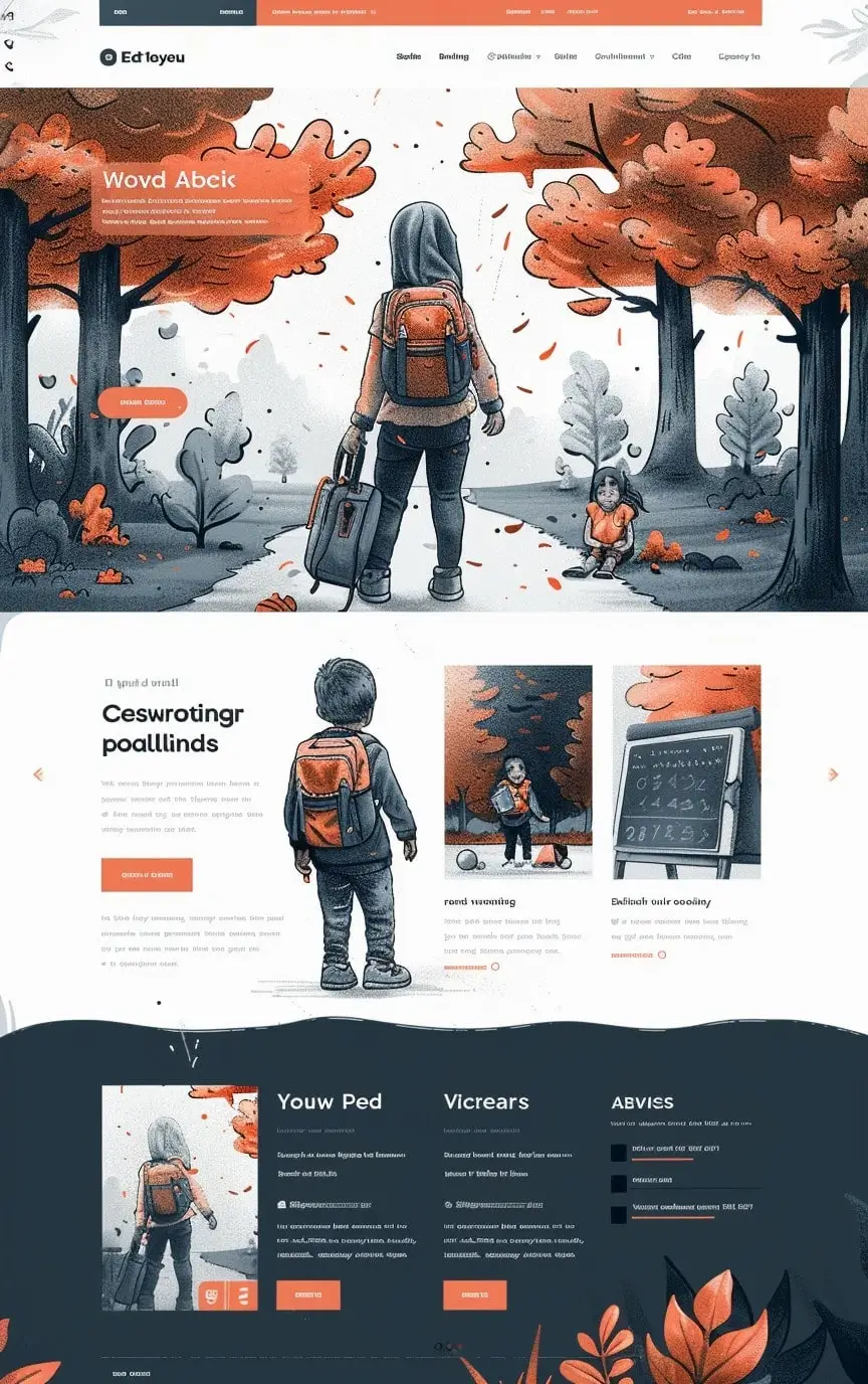 Mockup artystycznej strony usług edukacyjnych Ed Toyeu Educational Services z piękną ilustracją dziecka z plecakiem w jesiennym krajobrazie i kreatywną prezentacją