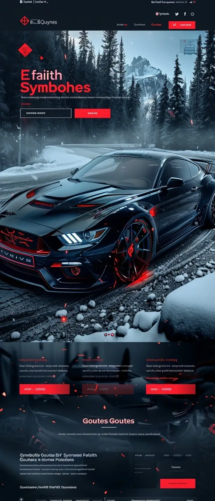 Mockup zimowej platformy automotive adventures Efaith Symbohes z klimatycznym designem, góralskim krajobrazem i sportowym samochodem