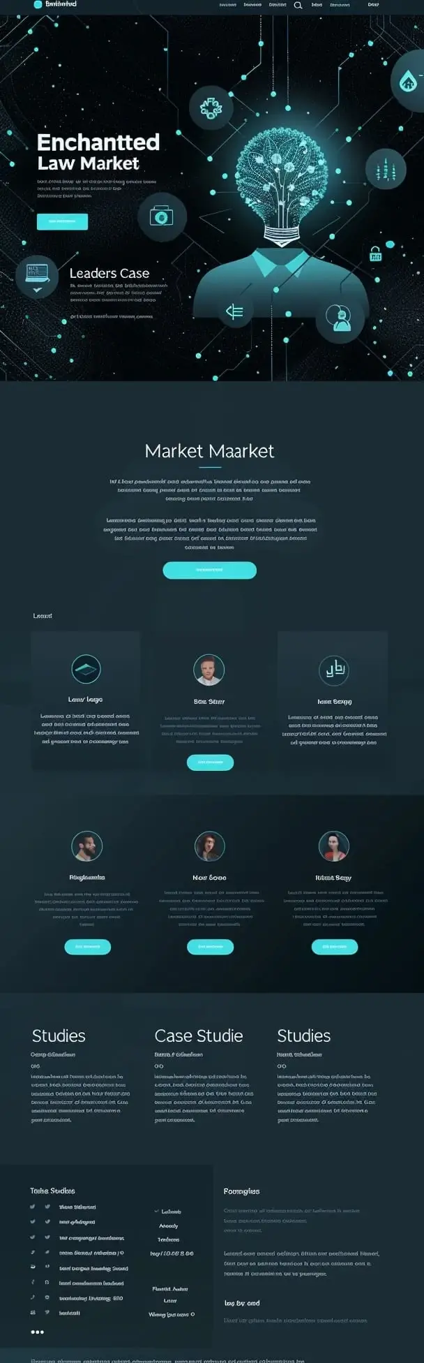 Mockup zaawansowanej strony financial law services Enchanted Law Market z futurystycznym designem, cyber elements i innowacyjną prezentacją legal tech