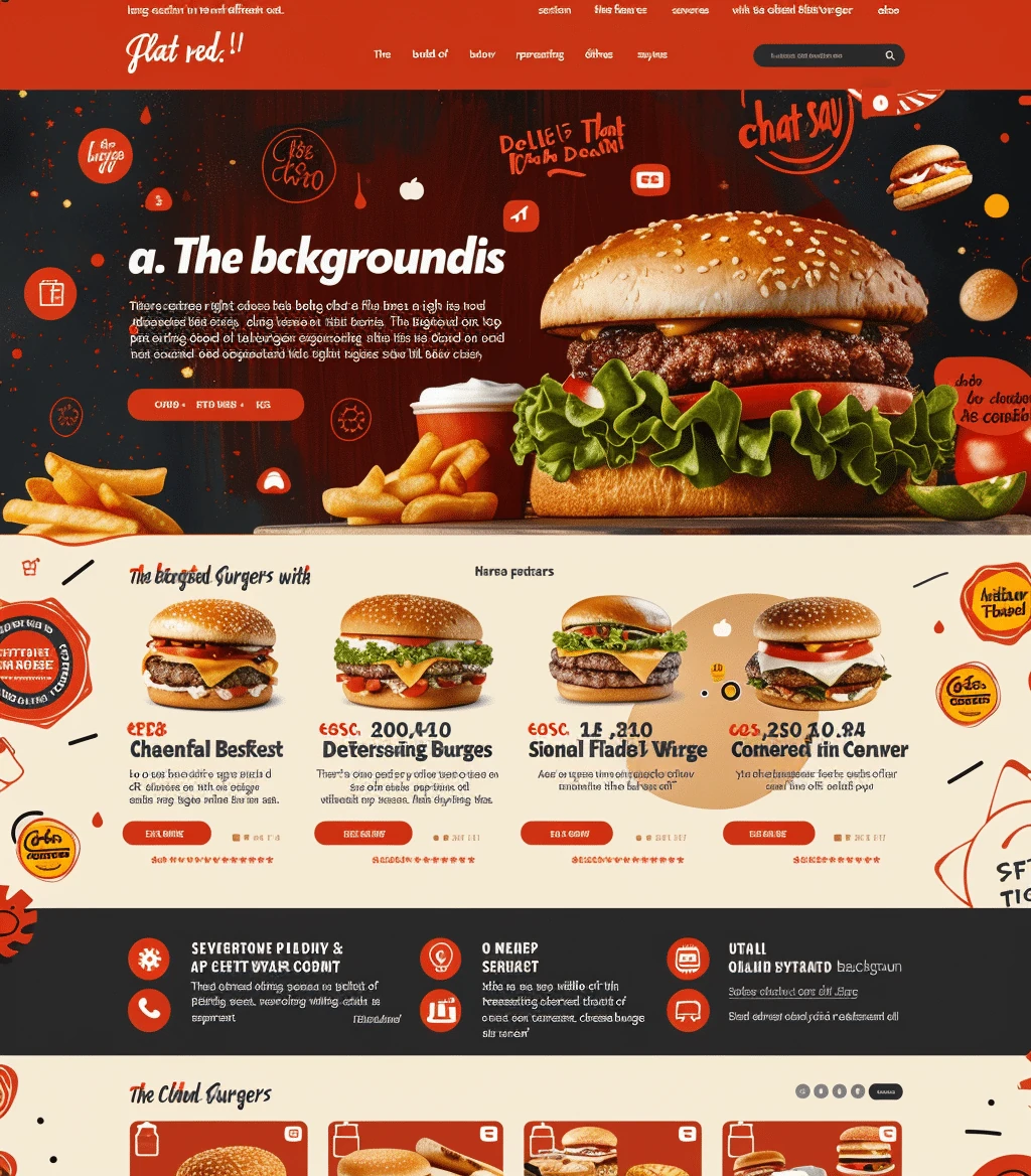 Mockup apetycznej strony fast food Fast Food Shop z soczystymi burgerami na czerwonym tle, frytkami i profesjonalną prezentacją menu fast food