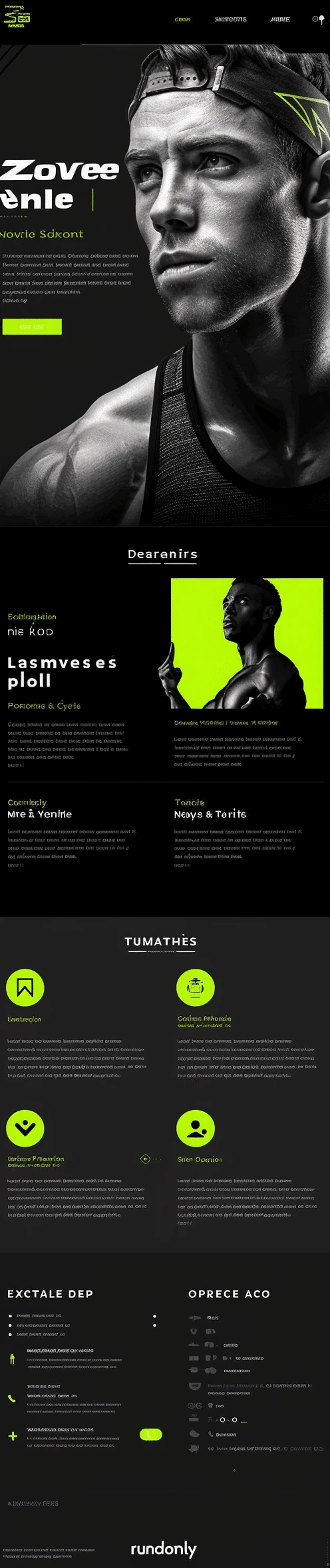 Mockup mocnej strony klubu fitness Fitness Club z ciemnym designem, sportowcem w słuchawkach i profesjonalną prezentacją usług fitness