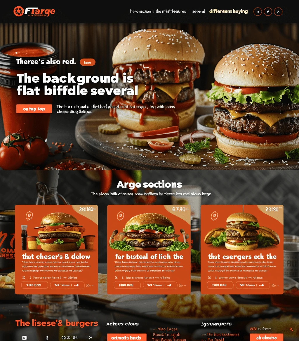 Mockup smakowitej strony fast food restaurant FTarge z apetycznymi burgerami, ciemnymi tonami i profesjonalną prezentacją menu
