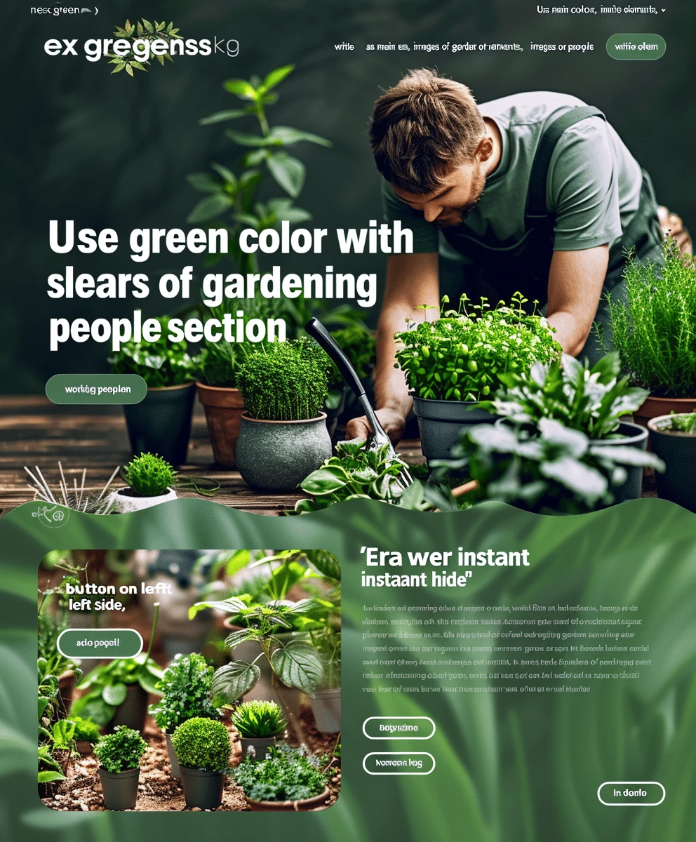 Mockup naturalnej strony usług ogrodniczych Gardening Services z zielonym designem, osobą pielęgnującą rośliny w doniczkach i profesjonalną prezentacją usług krajobrazowych