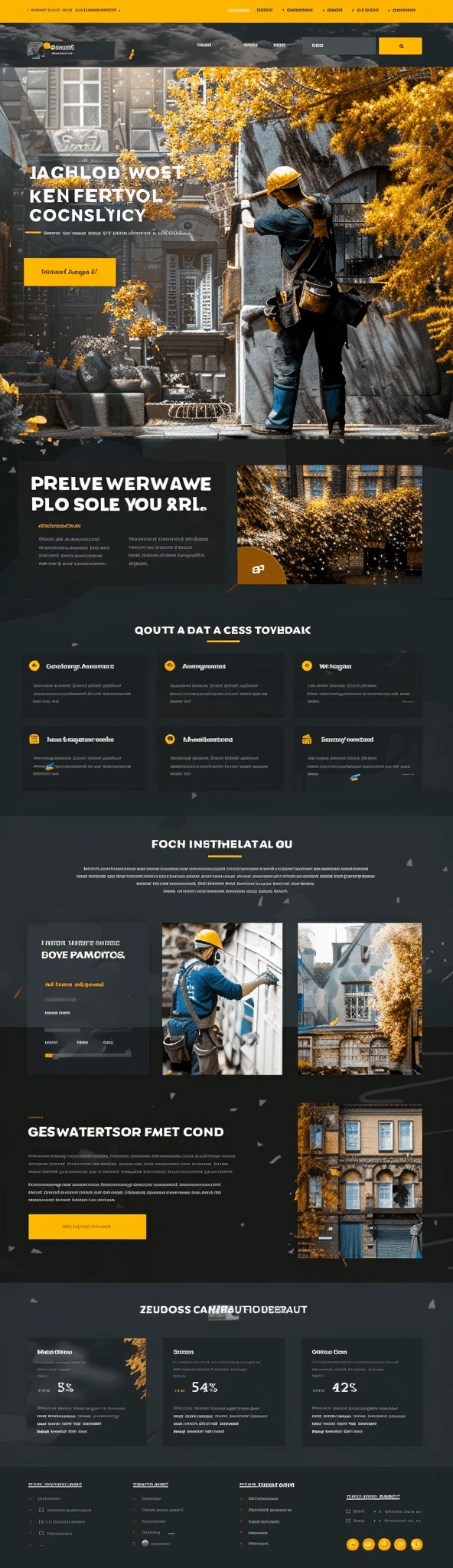 Mockup profesjonalnej strony usług remontowych Home Renovation Services z przemysłowym designem, jesiennymi kolorami i robotnikiem budowlanym
