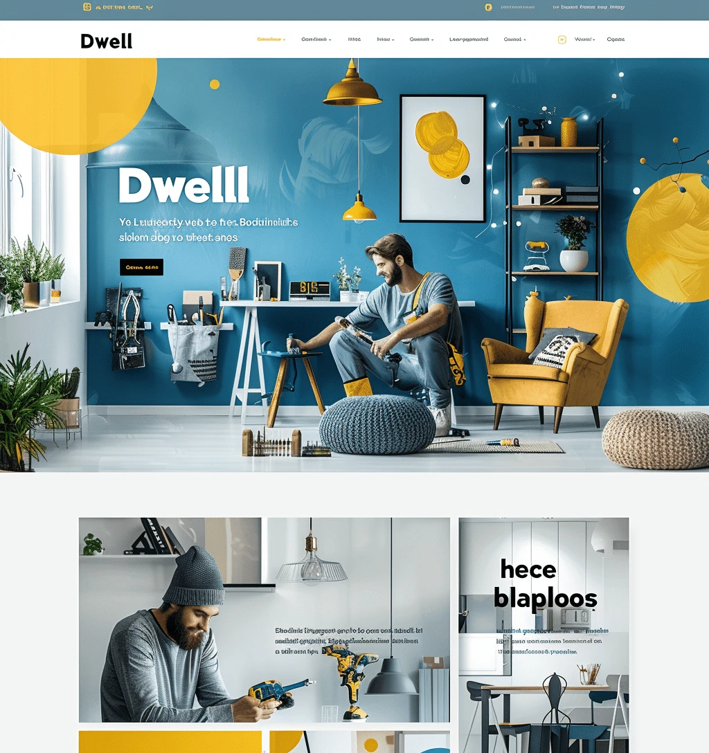 Mockup nowoczesnej strony home repair services Home Repair z stylowym interior designem, ciepłymi kolorami i profesjonalną prezentacją usług domowych