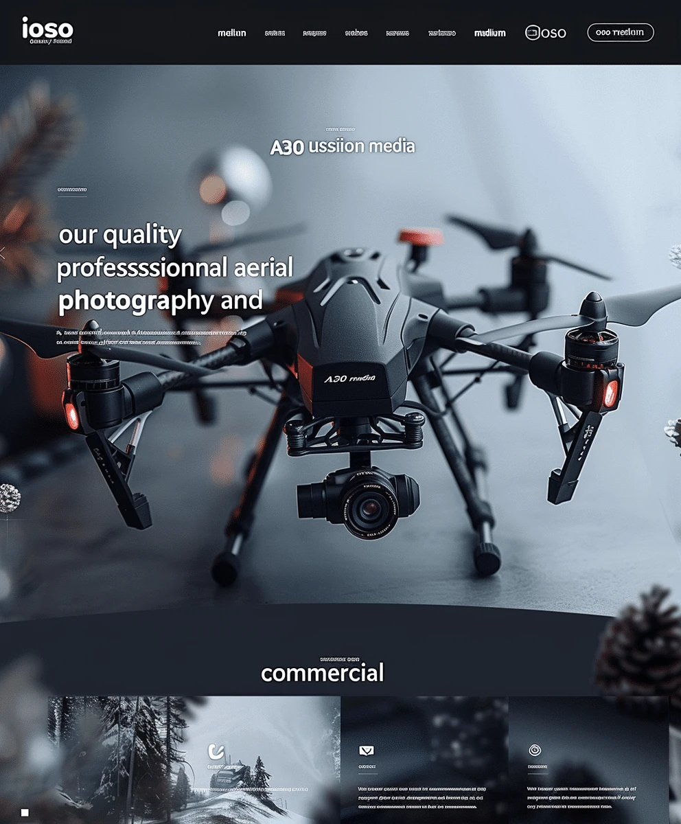 Mockup profesjonalnej strony fotografii dronem Ioso Medium z zaawansowanym dronem, technologicznym designem i aerial photography