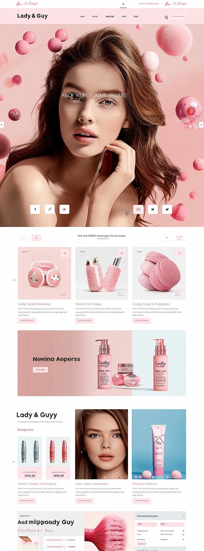 Mockup artystycznego sklepu beauty & cosmetics Lady & Guy z różowym designem, unoszącymi się kosmetykami i elegancką prezentacją produktów beauty