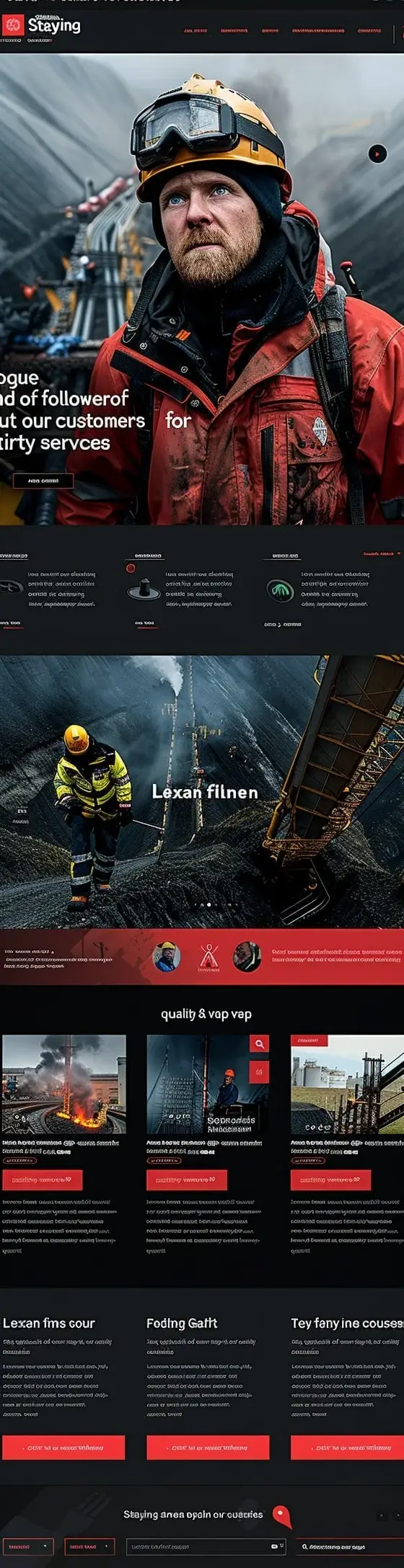 Mockup mocnej strony budowlanej Leading In Construction z mężczyzną w kasku i okularach ochronnych, industrialnym tłem i profesjonalną prezentacją usług konstrukcyjnych