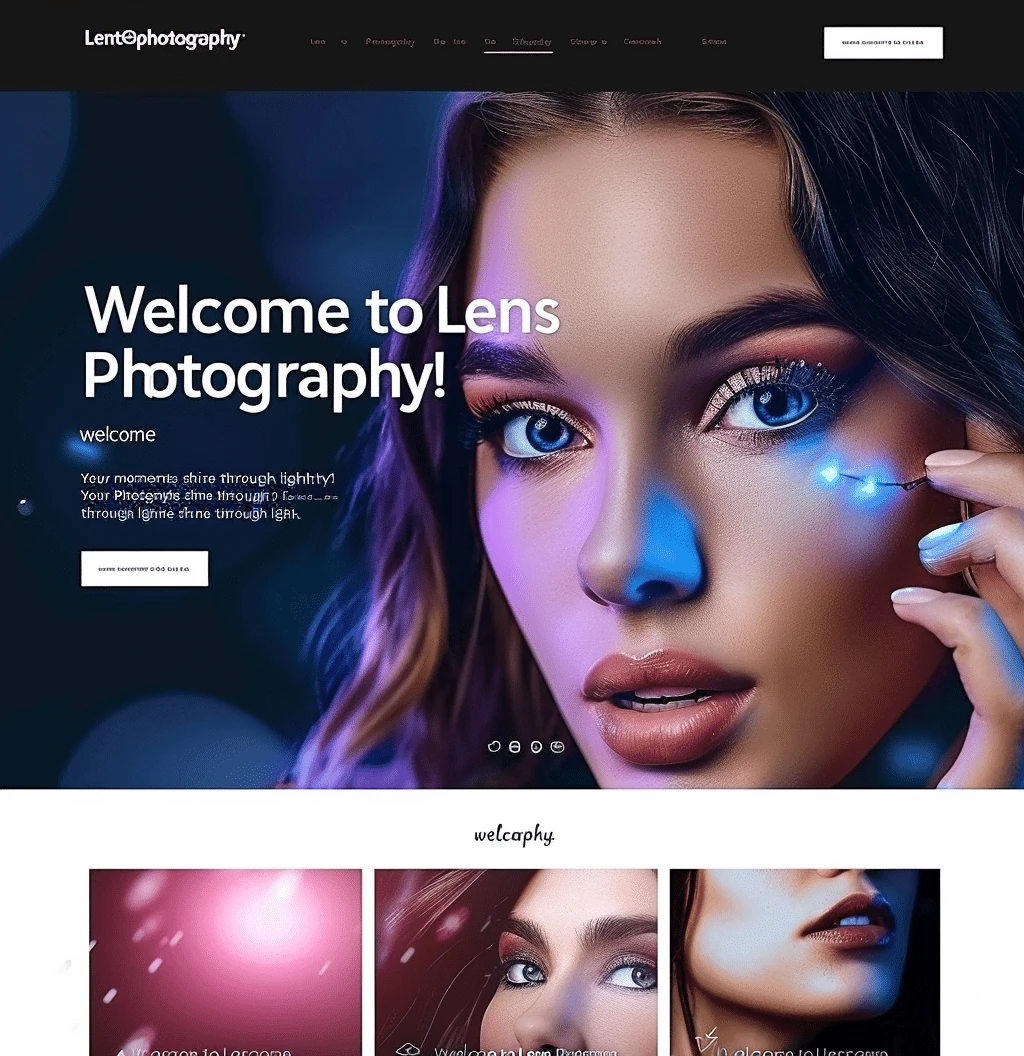 Mockup artystycznej strony professional photography Lens Photography z beauty fotografią, kolorowymi efektami i kreatywną prezentacją portfolio
