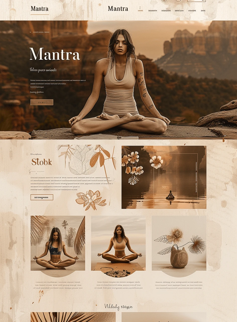 Mockup harmonijnego portalu medytacji i jogi Mantra Yoga z naturalnym designem, spokojnymi tonami i zen atmosferą