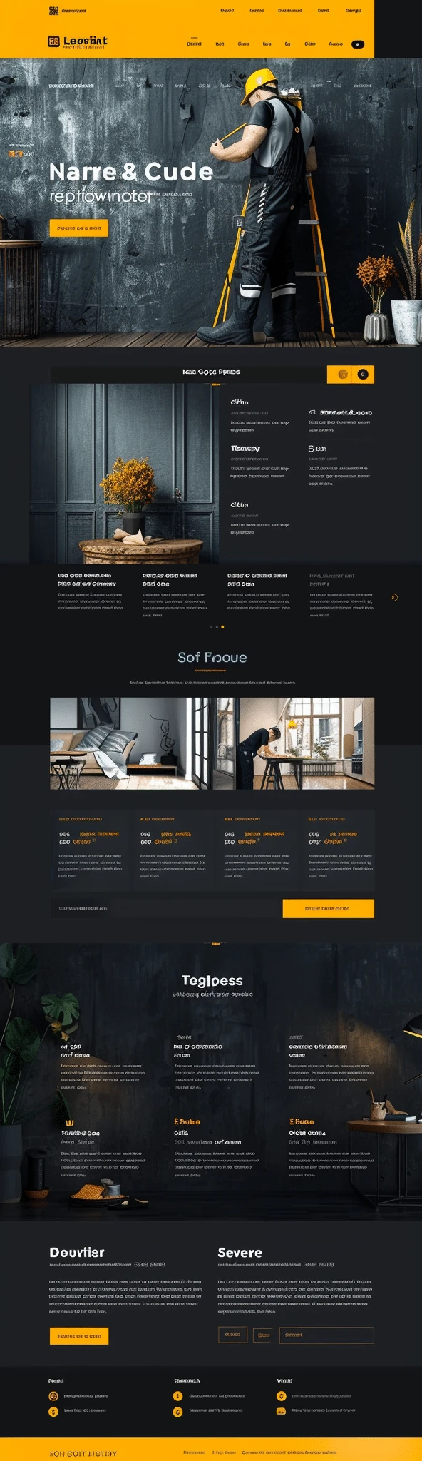 Mockup nowoczesnej strony usług remontowych Modern Home Repair Services z robotnikiem w żółtym kasku, industrialnym tłem i profesjonalną prezentacją usług remontowych