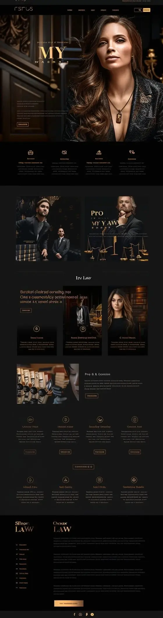 Mockup eleganckiej strony kancelarii prawnej My Law Services z luksusowym ciemno-złotym designem, profesjonalnymi prawnikami i stylową prezentacją usług prawnych