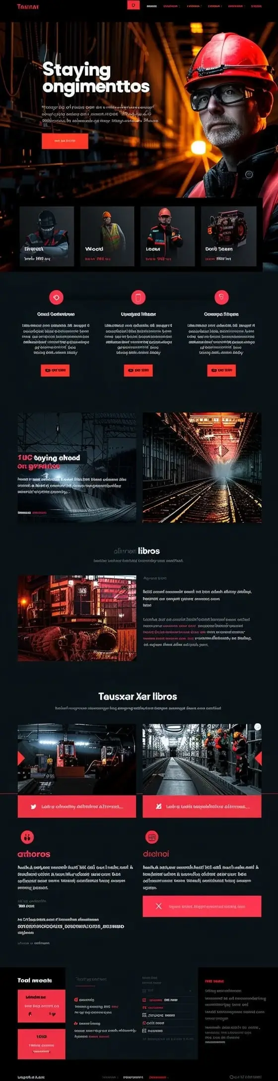 Mockup industrialnej strony firm konstrukcyjnych Ongimentos Construction z surowym designem, pracownikiem w kasku i profesjonalną atmosferą