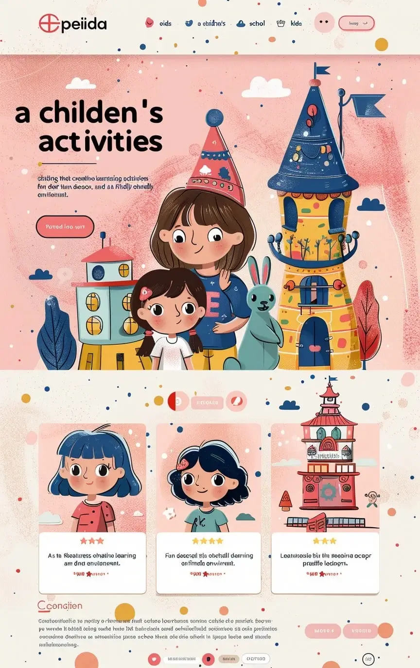 Mockup kreatywnej strony aktywności dla dzieci Peiida z kolorowym designem, przyjazną ilustracją i zabawowymi elementami edukacyjnymi