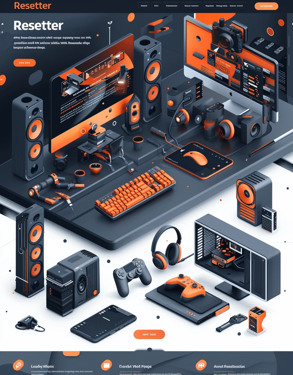 Mockup zaawansowanej platformy tech support Resetter z futurystycznym designem, izometrycznymi elementami IT i nowoczesną prezentacją usług technicznych