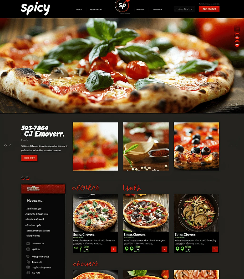 Mockup apetycznej strony pizzerii Spicy Pizza Shop z ciemnym designem, smakowitą pizzą margherita i profesjonalną prezentacją menu
