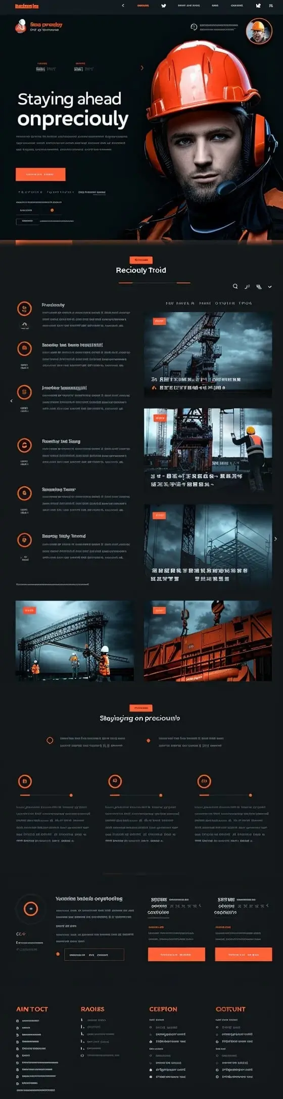 Mockup profesjonalnej strony construction services Staying Ahead z przemysłowym designem, pracownikiem w kasku ochronnym i industrial prezentacją