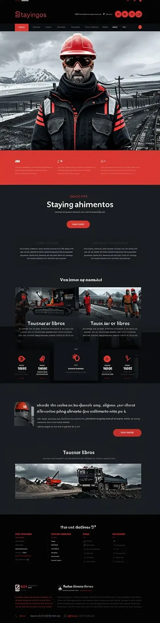Mockup mocnej strony usług budowlanych Stayingos Construction z pracownikiem w czerwonym kasku, industrialnym tłem i profesjonalną prezentacją usług konstrukcyjnych