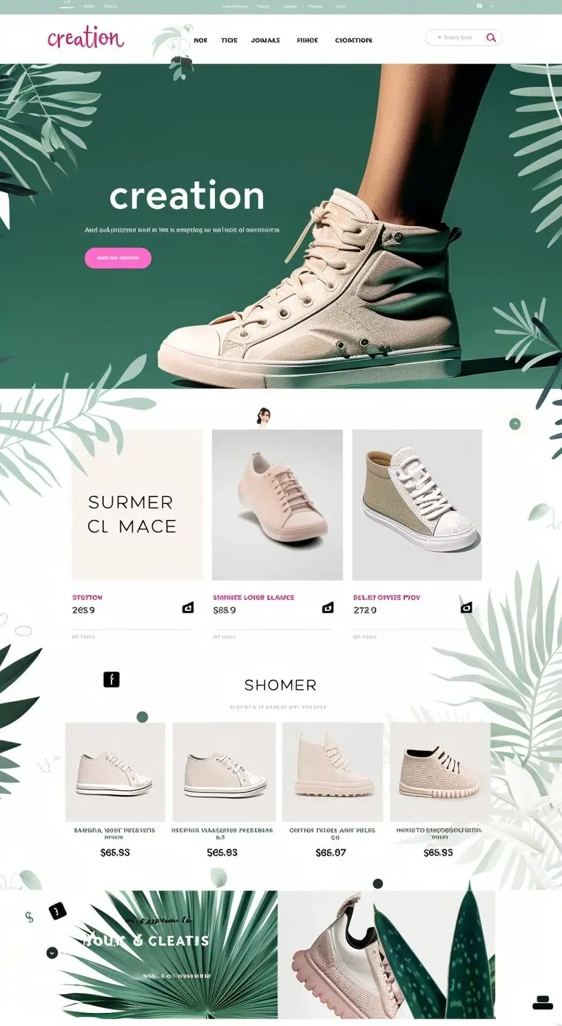 Mockup eleganckiego sklepu online z obuwiem lifestyle Stylish Shoes z naturalnym designem, zielonymi tonami i stylową prezentacją produktów