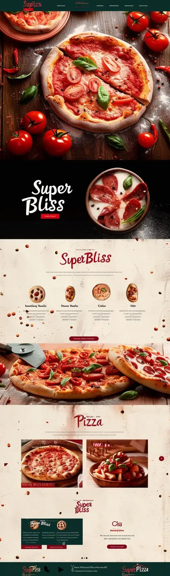 Mockup apetycznej strony włoskiej pizzerii SuperBliss Pizza z soczystą pizzą, świeżymi składnikami i ciepłą atmosferą