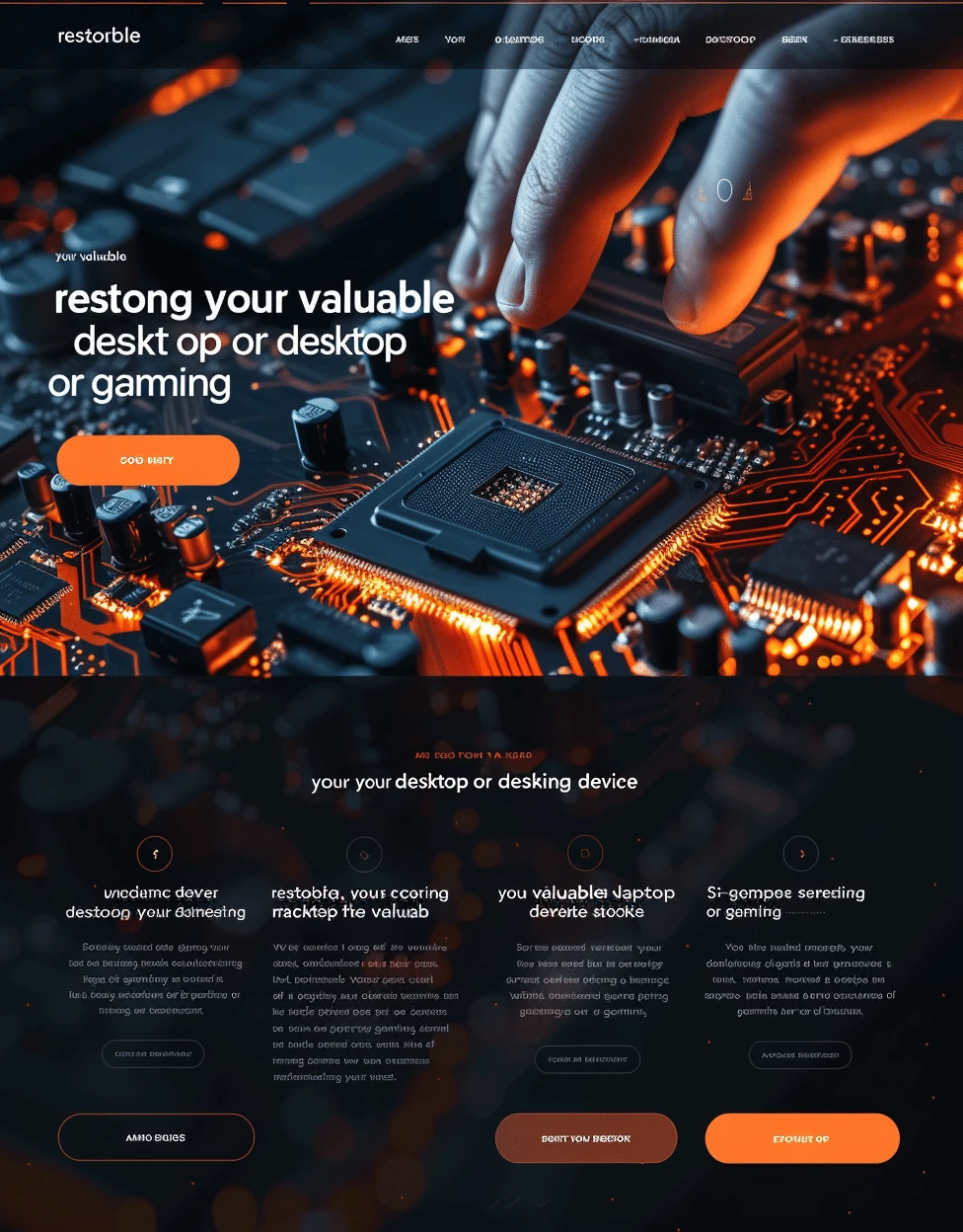 Mockup futurystycznej strony usług technicznych Technical Services z płytką główną komputera, czerwono-pomarańczowymi akcentami i profesjonalną prezentacją napraw elektroniki