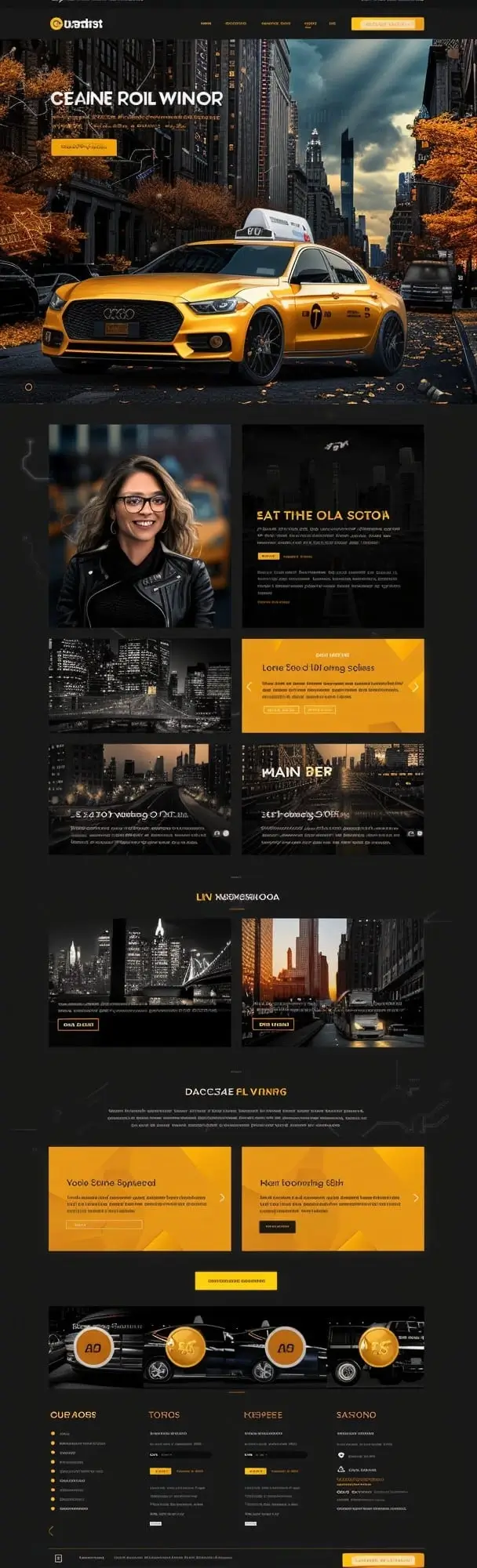 Mockup miejskiej strony usług taxi Urban Taxi z dynamicznym designem, żółtą taksówką i nowoczesną atmosferą miejską