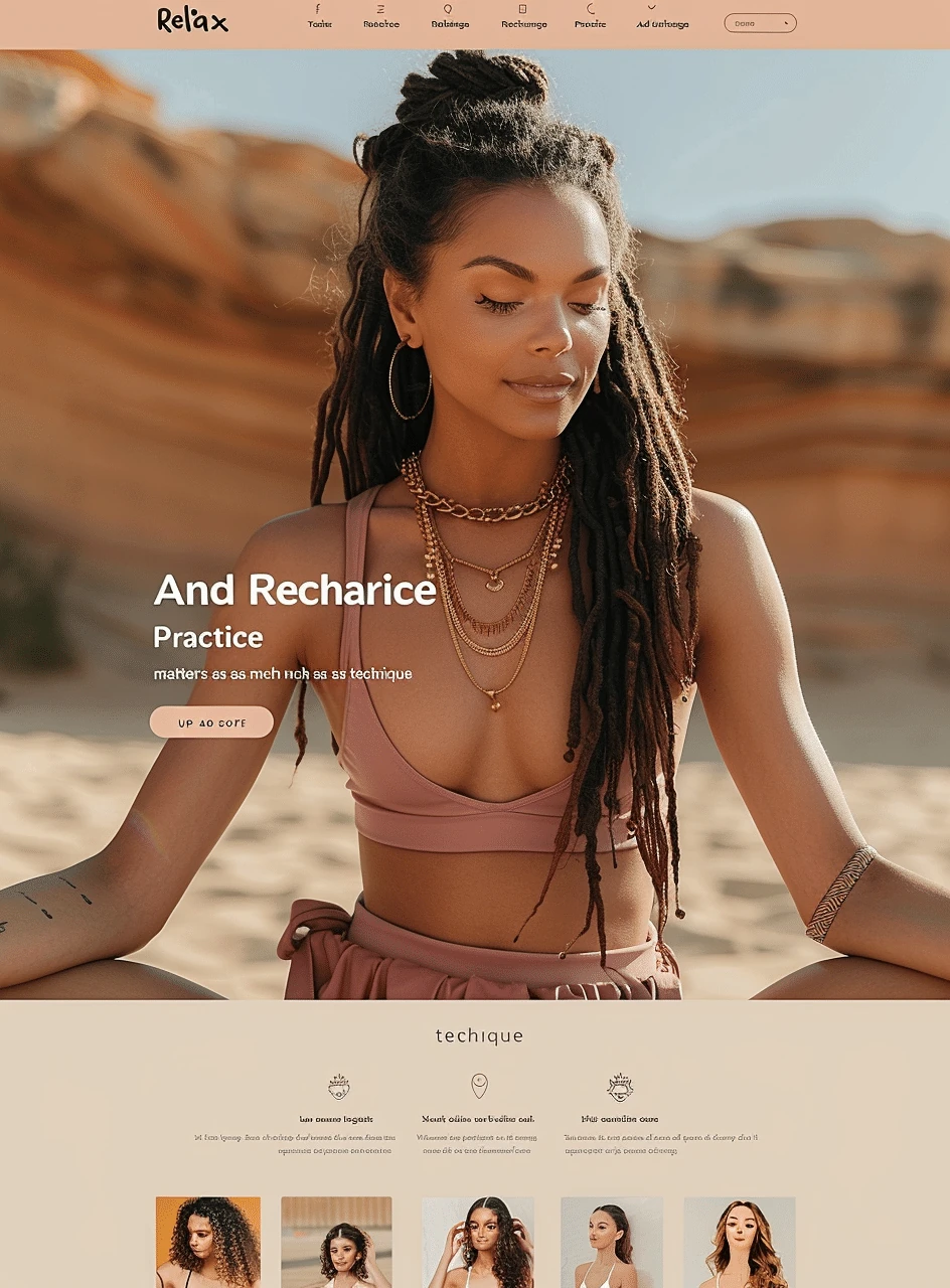 Mockup relaksacyjnej strony studio jogi Yoga Studio z naturalnym designem, ciepłymi tonami i spokojną atmosferą wellness