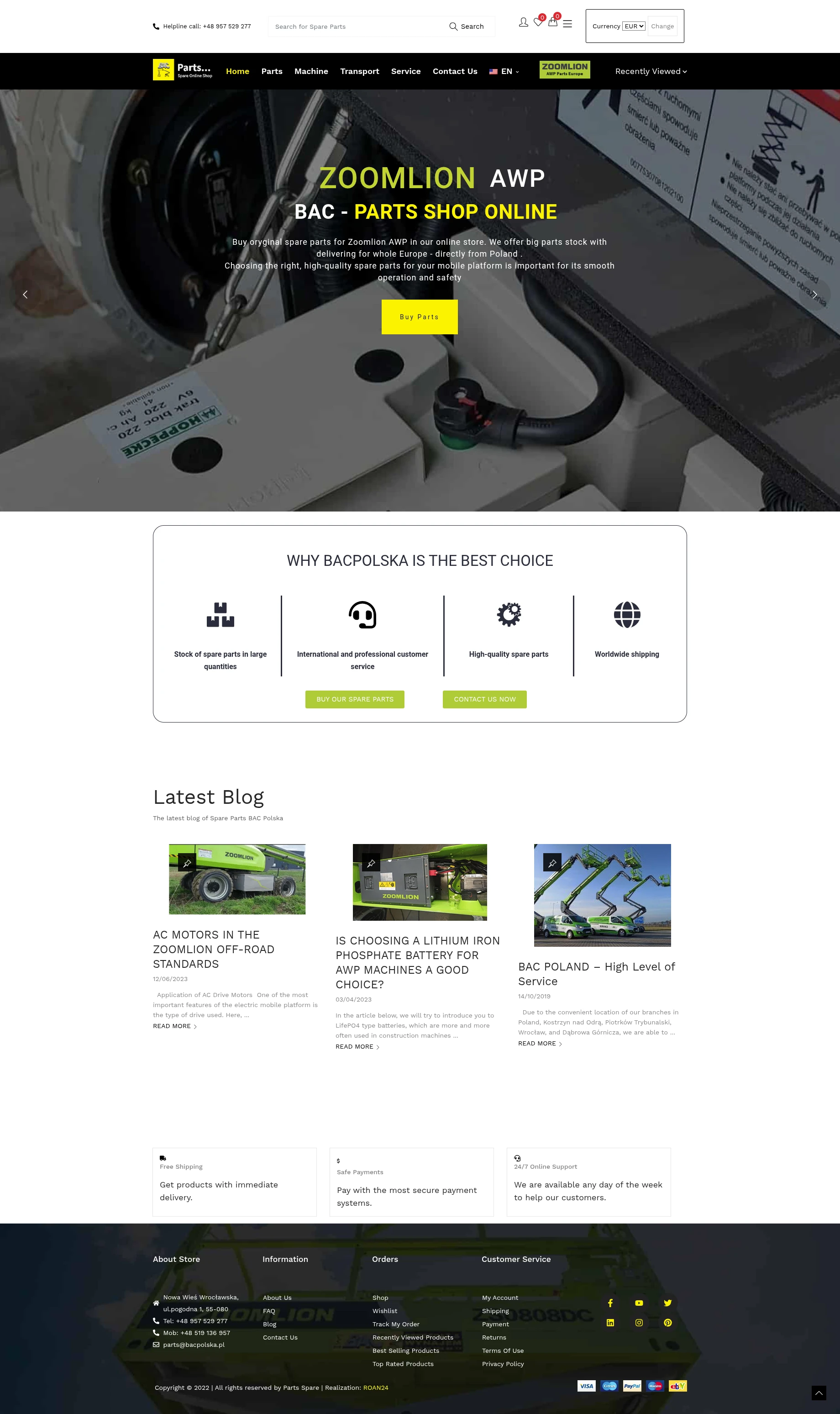 Screenshot sklepu internetowego BAC Parts Shop - nowoczesny e-commerce z częściami zamiennymi do podnośników Zoomlion AWP, galerią produktów i profesjonalnym designem