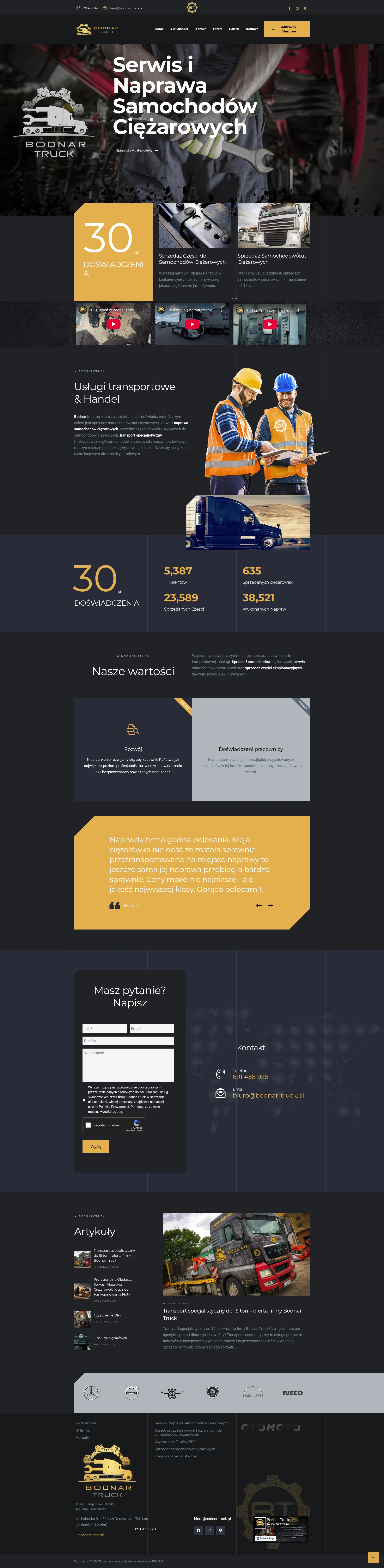 Screenshot strony internetowej Bodnar-Truck - kompleksowa strona serwisu samochodów ciężarowych z Gorzowa oferującego naprawy, sprzedaż części, transport specjalistyczny i regenerację DPF