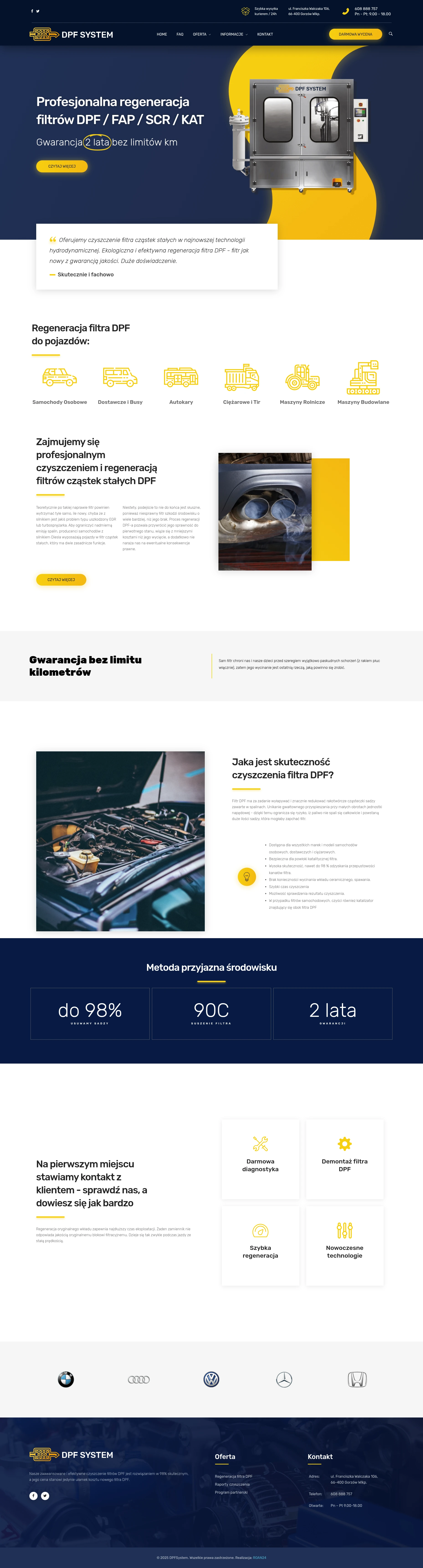 Screenshot strony internetowej DPF SYSTEM - specjalistyczna strona firmy regenerującej filtry cząstek stałych DPF w technologii hydrodynamicznej dla wszystkich typów pojazdów