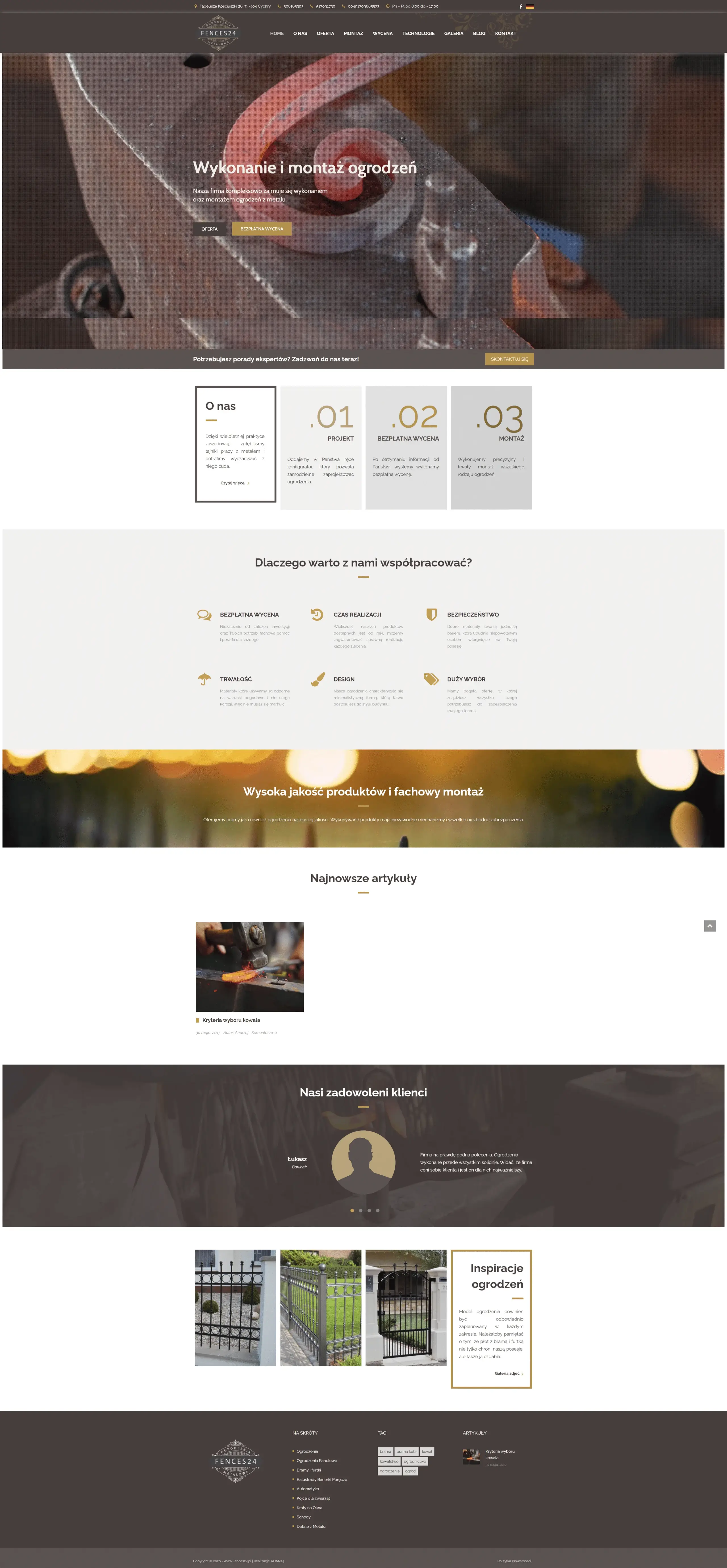 Screenshot strony internetowej Fences24 - nowoczesna strona z interaktywnym konfiguratorem ogrodzeń i galerią projektów