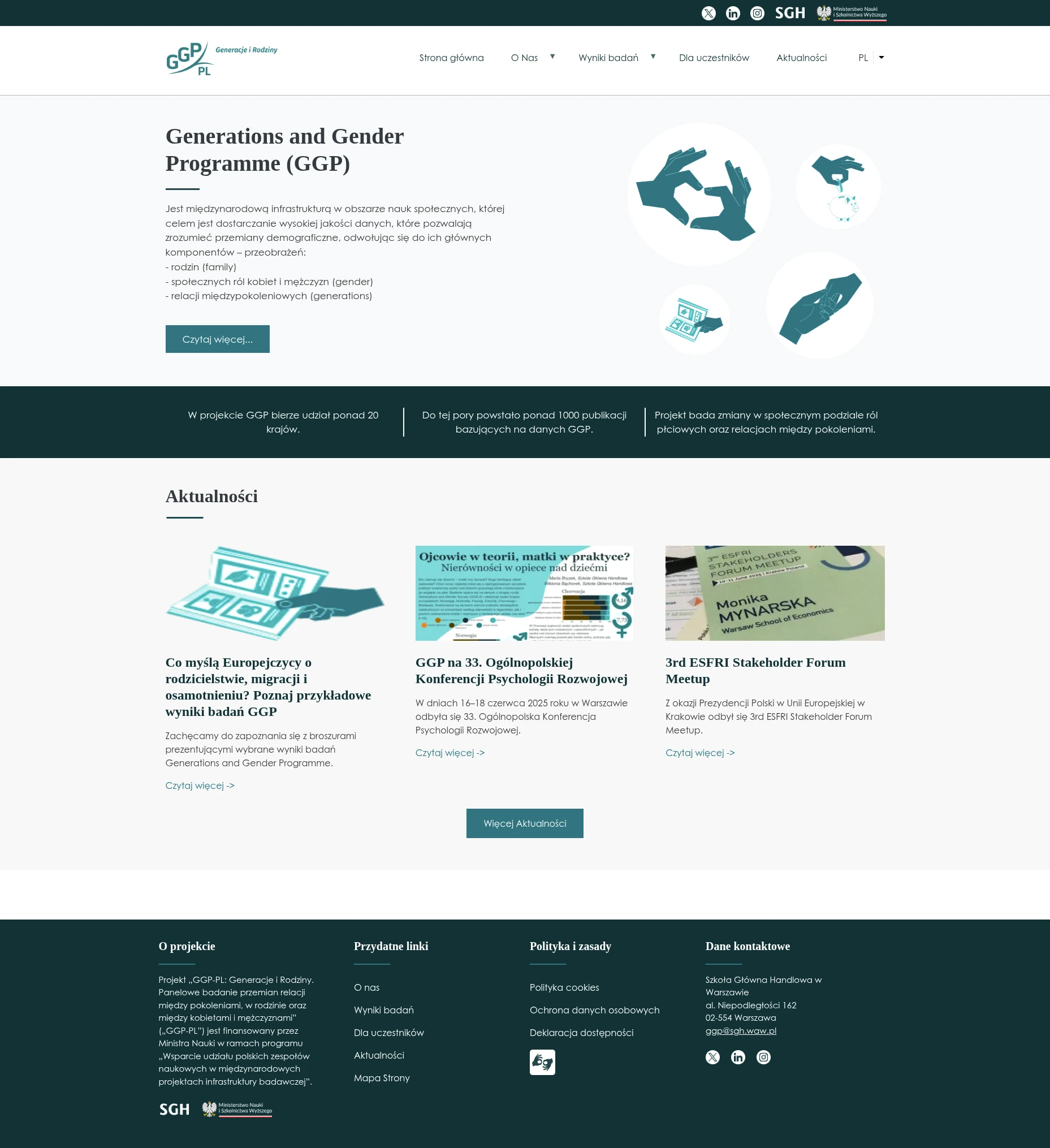 Screenshot strony internetowej Generations and Gender Programme (GGP) - międzynarodowa platforma naukowa badająca przemiany demograficzne, rodzin i relacji międzypokoleniowych w ponad 20 krajach