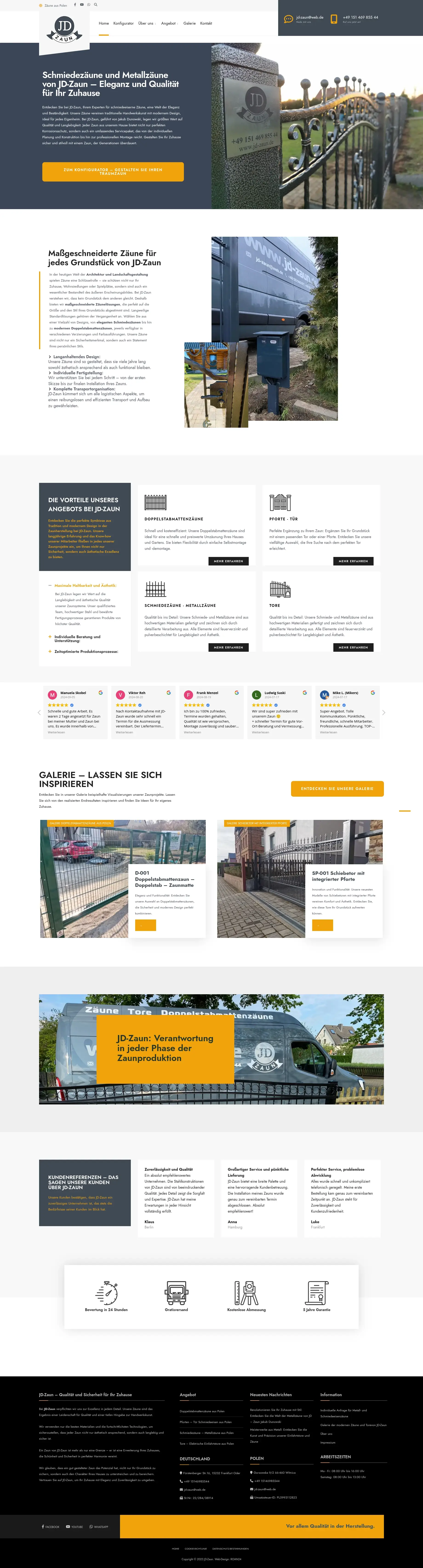 Screenshot strony internetowej JD-Zaun Jakub Dunowski - profesjonalna strona o metalowych ogrodzeniach i bramach, prezentująca elegancję i jakość dla rynku niemieckiego