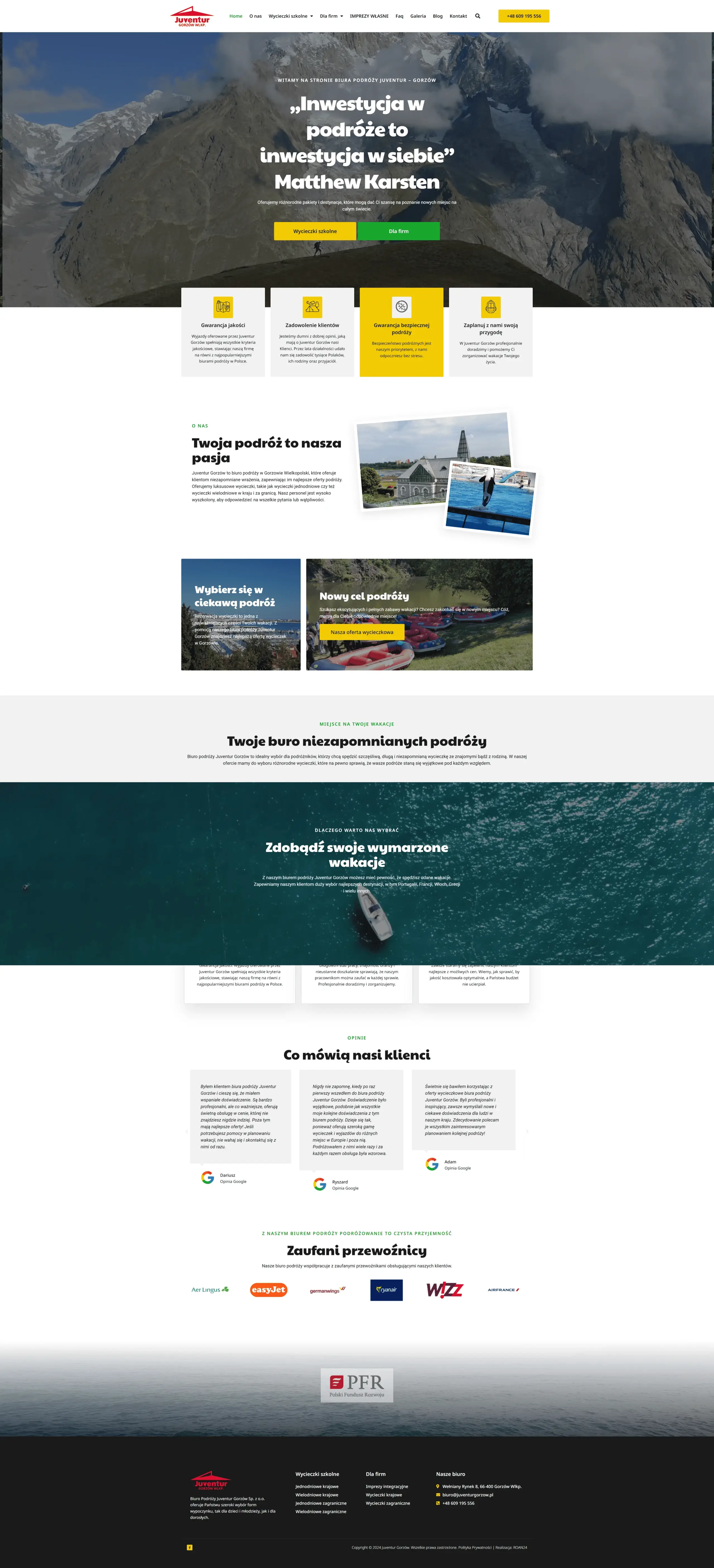 Screenshot strony internetowej Biura Podróży Juventur-Gorzów - nowoczesna strona z inspirującym hero section, ofertami wycieczek krajowych i zagranicznych oraz formularzem rezerwacyjnym
